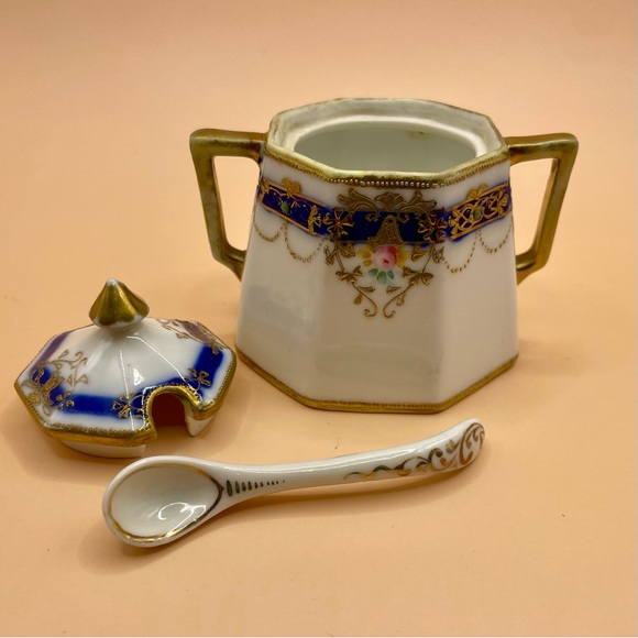 Antique NIPPON Hand-painted Mustard Pot Spoon Set-RC Green Mark (1906-1921) #633 - Picture 4 of 5